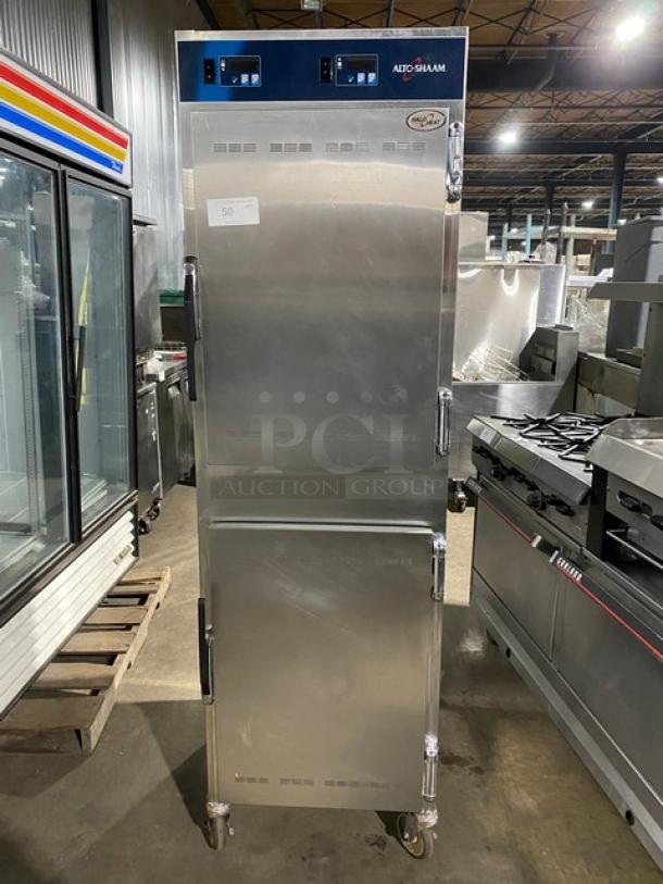 Alto-Shaam Halo Heat Series Commercial Stainless Steel Dutch Door Dual Compartment Mobile Heated Holding/Proofing Cabinet! With Wire Racks! Model: 1000-UP SN: 1057014-000! 120V 1 Phase! On Casters! - Image 1 of 9
