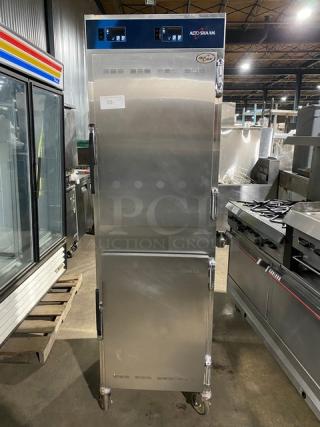 Alto-Shaam Halo Heat Series Commercial Stainless Steel Dutch Door Dual Compartment Mobile Heated Holding/Proofing Cabinet! With Wire Racks! Model: 1000-UP SN: 1057014-000! 120V 1 Phase! On Casters!