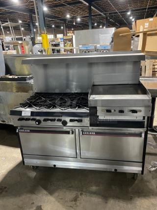 WOW! Garland Commercial Stainless Steel Natural Gas Powered 6 Burner/Raised Flat Griddle Split Top Range & Double Oven Combo! With Built-In Broiler/Cheese Melter! With Back Splash & Overhead Salamander Shelf! With Wired Oven Racks! On Casters! Working When Removed!