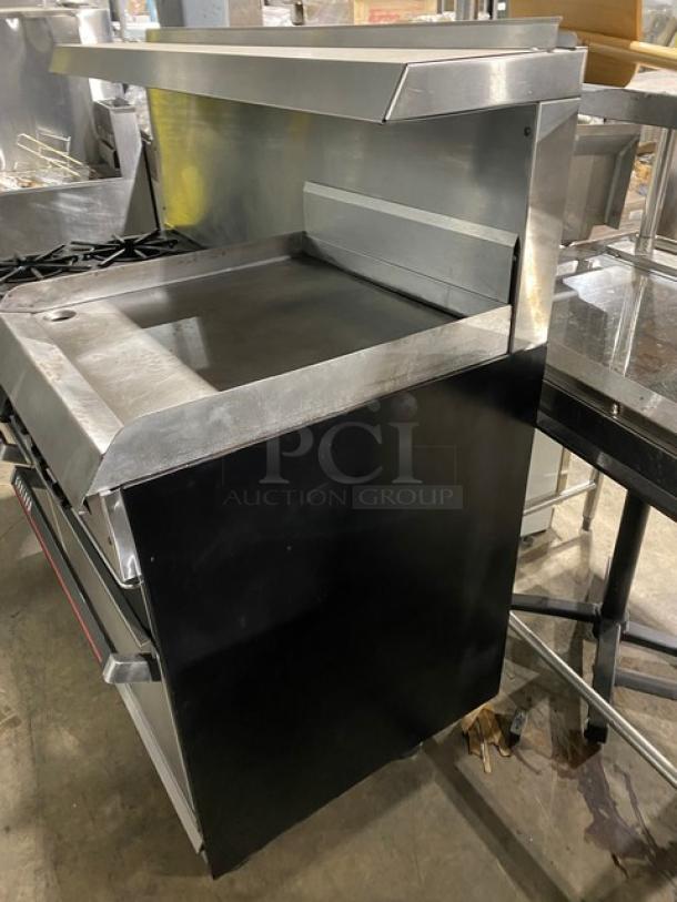 WOW! Garland Commercial Stainless Steel Natural Gas Powered 6 Burner/Raised Flat Griddle Split Top Range & Double Oven Combo! With Built-In Broiler/Cheese Melter! With Back Splash & Overhead Salamander Shelf! With Wired Oven Racks! On Casters! Working When Removed! - Image 2 of 10