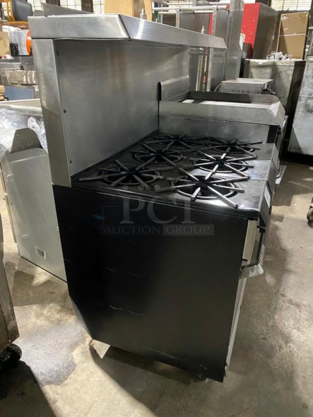 WOW! Garland Commercial Stainless Steel Natural Gas Powered 6 Burner/Raised Flat Griddle Split Top Range & Double Oven Combo! With Built-In Broiler/Cheese Melter! With Back Splash & Overhead Salamander Shelf! With Wired Oven Racks! On Casters! Working When Removed! - Image 3 of 10