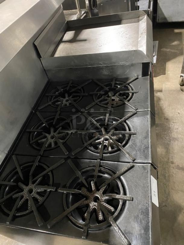 WOW! Garland Commercial Stainless Steel Natural Gas Powered 6 Burner/Raised Flat Griddle Split Top Range & Double Oven Combo! With Built-In Broiler/Cheese Melter! With Back Splash & Overhead Salamander Shelf! With Wired Oven Racks! On Casters! Working When Removed! - Image 5 of 10