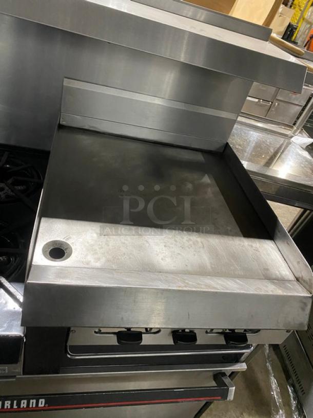 WOW! Garland Commercial Stainless Steel Natural Gas Powered 6 Burner/Raised Flat Griddle Split Top Range & Double Oven Combo! With Built-In Broiler/Cheese Melter! With Back Splash & Overhead Salamander Shelf! With Wired Oven Racks! On Casters! Working When Removed! - Image 7 of 10