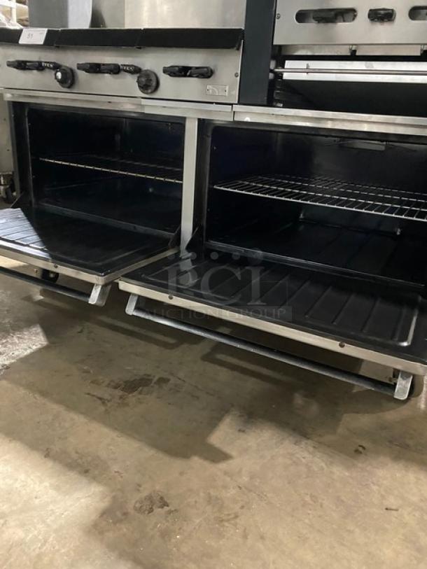 WOW! Garland Commercial Stainless Steel Natural Gas Powered 6 Burner/Raised Flat Griddle Split Top Range & Double Oven Combo! With Built-In Broiler/Cheese Melter! With Back Splash & Overhead Salamander Shelf! With Wired Oven Racks! On Casters! Working When Removed! - Image 8 of 10