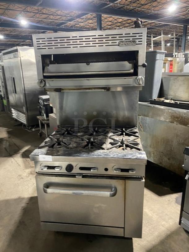 Imperial Commercial Stainless Steel Natural Gas Powered 6 Burner Range/Oven Combo! With Back Splash & Overhead Salamander Broiler/Cheese Melter! With Wire Oven Rack! On Casters! - Image 1 of 10