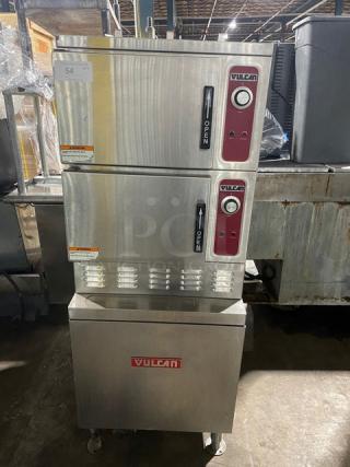 Vulcan VSX Boiler Base Series Commercial Stainless Steel Natural Gas Powered Dual Compartment Convection Steamer! With Individual Controls! With Built In Pan Holding Racks! Model: VSX24G SN: 27-1143126! 120V 1 Phase! On Legs!