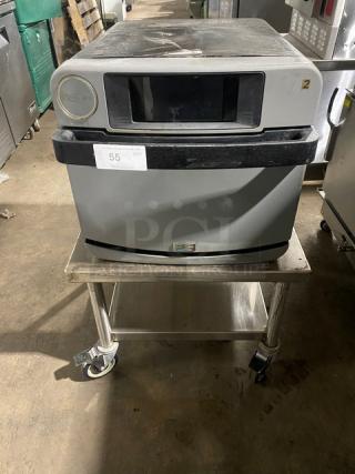 TurboChef Commercial Stainless Steel Electric Powered High Speed Countertop Rapid Cook Oven! With Cook Stone! Model: ENCORE 2 SN: ENC2TD00763! 208-240V 1 Phase! On Single Shelf Equipment Cart With Casters!