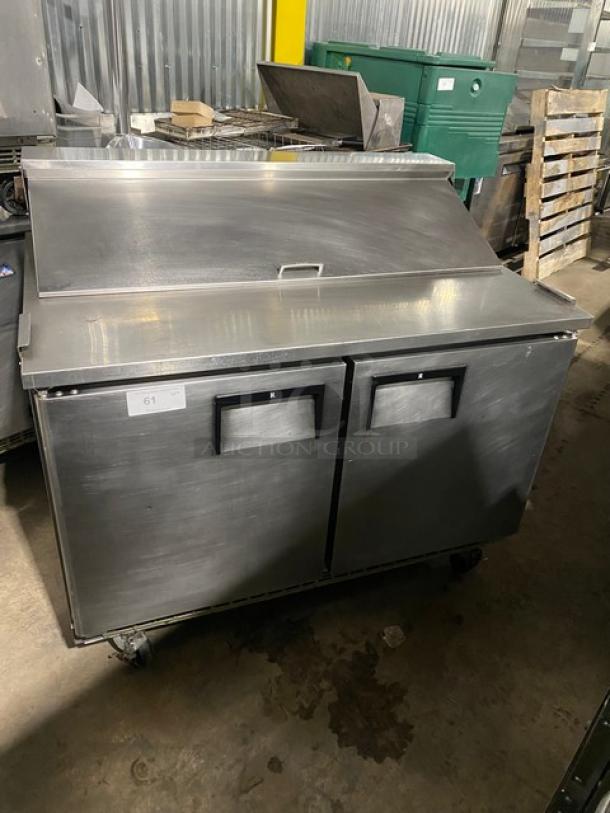 Everest Commercial Stainless Steel 2 Door Refrigerated Bain Marie Style Mega Top Pizza Prep Table! With Poly Coated Wire Racks! Model: EPBNR2 SN: BPBNR216040039! 115V 1 Phase! On Casters! - Image 1 of 9