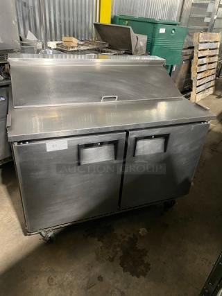 Everest Commercial Stainless Steel 2 Door Refrigerated Bain Marie Style Mega Top Pizza Prep Table! With Poly Coated Wire Racks! Model: EPBNR2 SN: BPBNR216040039! 115V 1 Phase! On Casters!