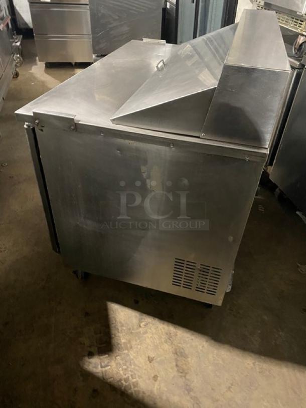 Everest Commercial Stainless Steel 2 Door Refrigerated Bain Marie Style Mega Top Pizza Prep Table! With Poly Coated Wire Racks! Model: EPBNR2 SN: BPBNR216040039! 115V 1 Phase! On Casters! - Image 3 of 9
