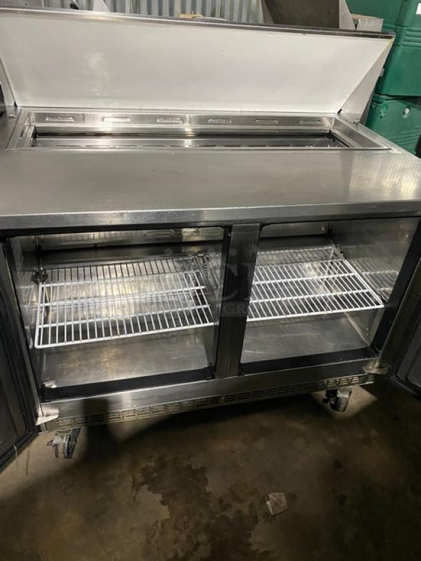 Everest Commercial Stainless Steel 2 Door Refrigerated Bain Marie Style Mega Top Pizza Prep Table! With Poly Coated Wire Racks! Model: EPBNR2 SN: BPBNR216040039! 115V 1 Phase! On Casters! - Image 5 of 9