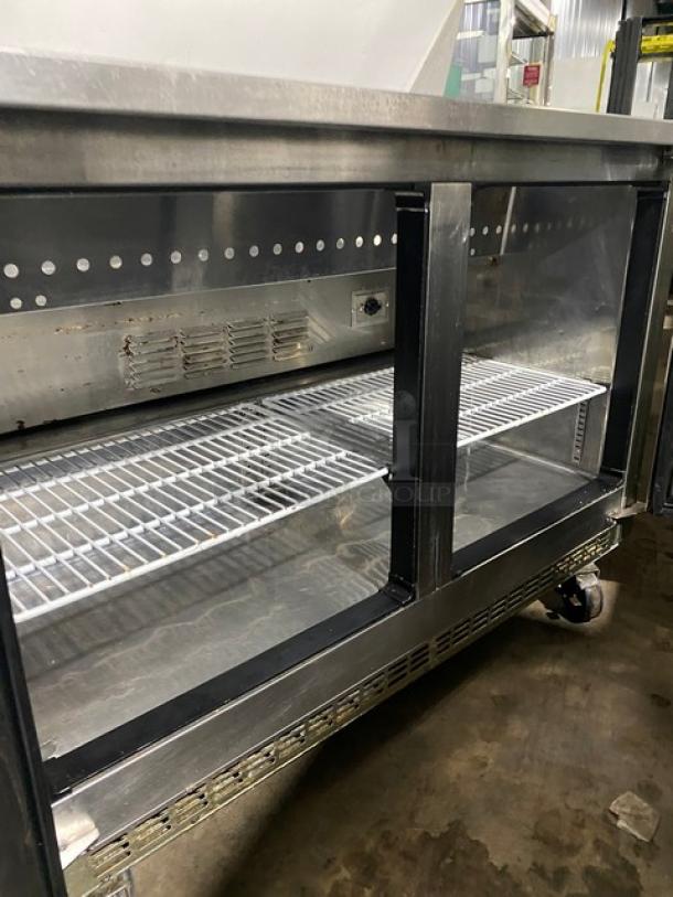 Everest Commercial Stainless Steel 2 Door Refrigerated Bain Marie Style Mega Top Pizza Prep Table! With Poly Coated Wire Racks! Model: EPBNR2 SN: BPBNR216040039! 115V 1 Phase! On Casters! - Image 6 of 9