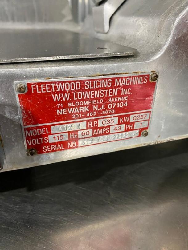 Fleetwood Commercial Stainless Steel Electric Powered Countertop Deli Meat Slicer! With 12" Blade! Model: 412E SN: 412C9427529! 115V 1 Phase! On Legs! - Image 7 of 8