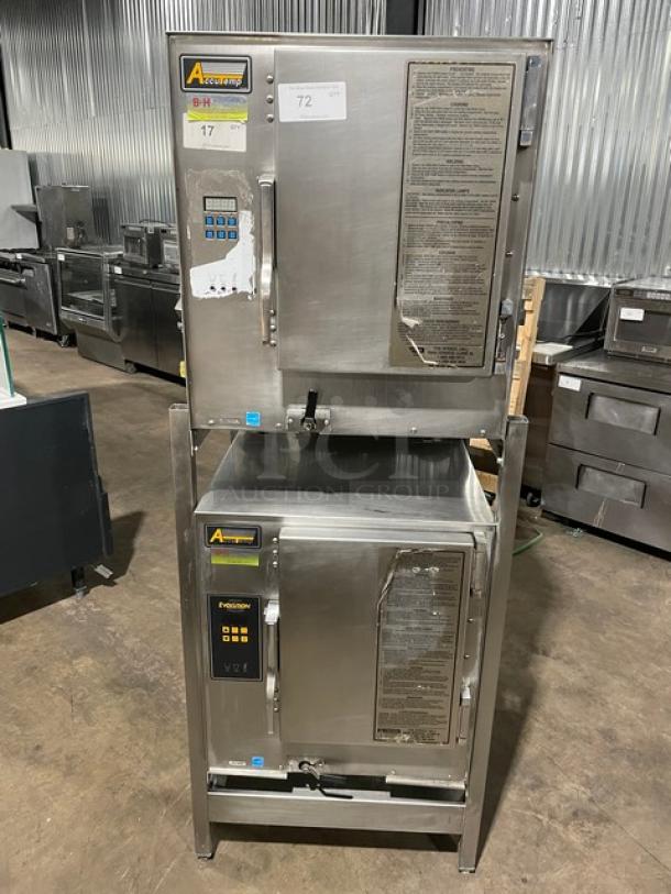 AccuTemp Evolution Series Commercial Stainless Steel Electric Powered 12 Pan Double Stacked Convection Steamer! Energy Star Certified! With Built In Pan Holding Racks! Model: E64803D14000200 SN: 48405! 440/480V 3 Phase! On Single Shelf Equipment Stand! - Image 1 of 11
