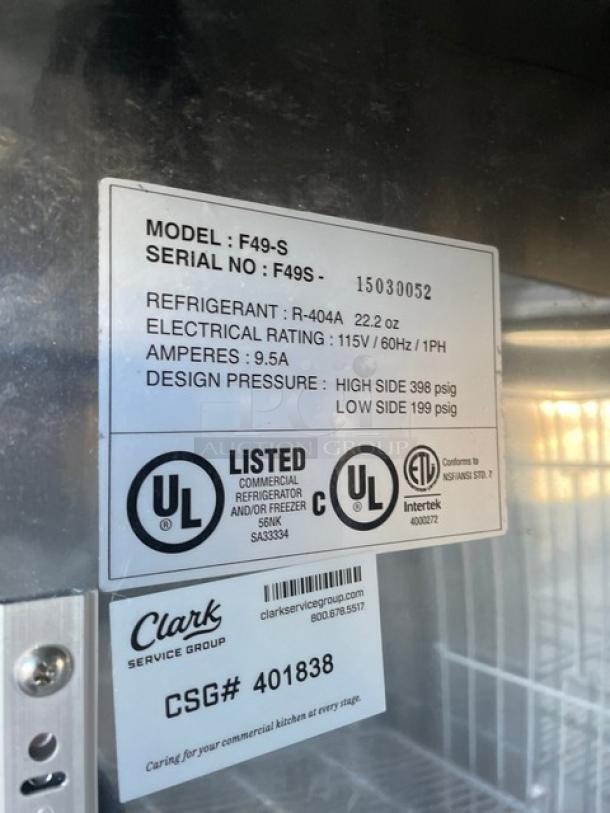 Master-Bilt Fusion Series Commercial Stainless Steel Solid 2 Door Reach In Freezer! Energy Star Certified! With Poly Coated Wire Racks! Model: F49-S SN: F49S-15030052! 115V 1 Phase! - Image 7 of 9