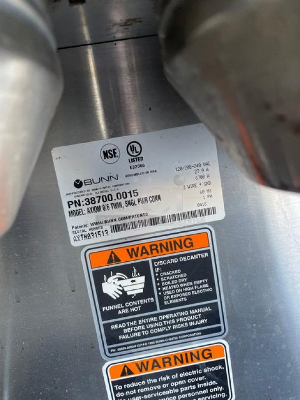 Bunn AXIOM Series Commercial Stainless Steel Countertop Coffee Brewer! With 6 Warmer Plates! With Digital Brewer Controls & Hot Water Dispenser! With Brew Baskets! Model: AXIOM 0/6 TWIN SN: AXTN031513! 120/208-240V 1 Phase! On Legs! - Image 6 of 7