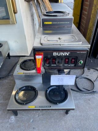 Bunn CW Series Commercial Stainless Steel Countertop Coffee Brewer! With 4 Warmer Plates! With Hot Water Dispenser & Brew Basket! Model: CWTF35-4W SN: CWTF126254! 120/240V 1 Phase! On Legs!