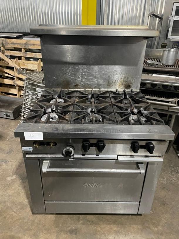 SunFire Commercial Stainless Steel Natural Gas Powered 6 Burner Range/Oven Combo! With Back Splash & Overhead Salamander Shelf! With Wire Oven Rack! Model: X36-6R! On Casters! - Image 1 of 10