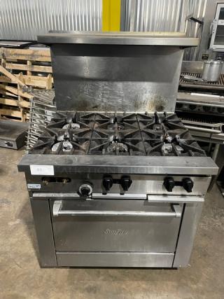SunFire Commercial Stainless Steel Natural Gas Powered 6 Burner Range/Oven Combo! With Back Splash & Overhead Salamander Shelf! With Wire Oven Rack! Model: X36-6R! On Casters!