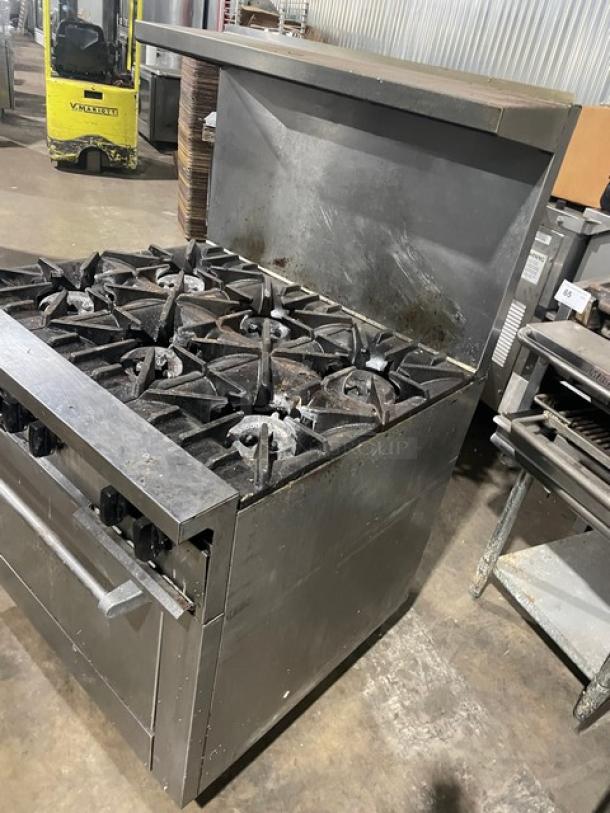 SunFire Commercial Stainless Steel Natural Gas Powered 6 Burner Range/Oven Combo! With Back Splash & Overhead Salamander Shelf! With Wire Oven Rack! Model: X36-6R! On Casters! - Image 2 of 10