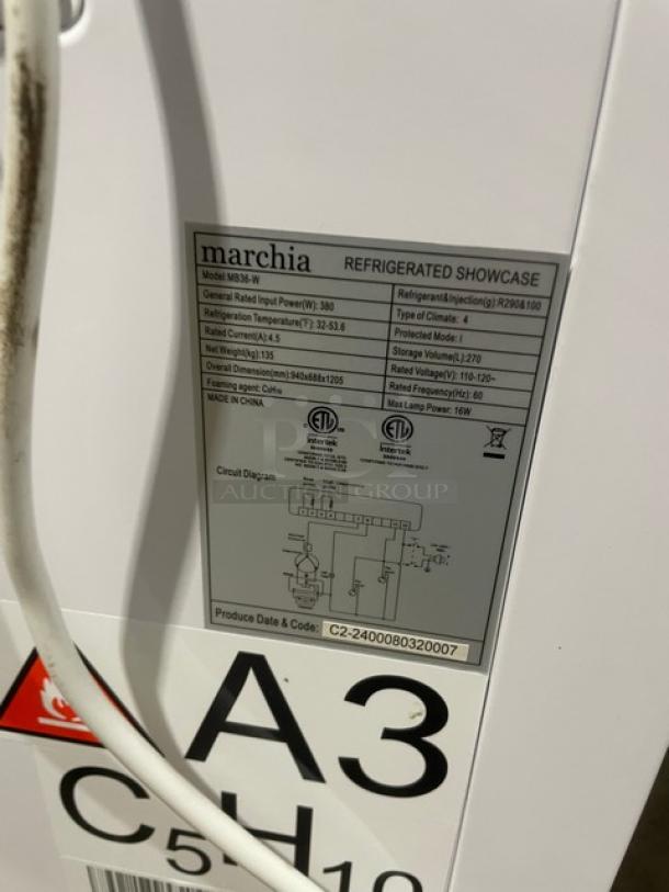 NEW! Scratch-N-Dent! Marchia Commercial White 36" Curved Glass Refrigerated Bakery Display Showcase! With Adjustable Glass Shelves! With LED Lighting! With Rear Sliding Glass Doors! Model: MB36-W SN: C-2400080320007! 110-120V! On Casters! - Image 5 of 7