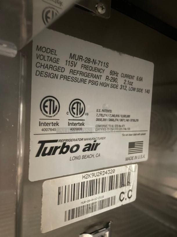 Turbo-Air Commercial Stainless Steel Undercounter Refrigerator! With Poly Coated Wire Rack! Model: MUR-28-N-711S SN: H2K9U2RD4320! 115V! On Legs! - Image 7 of 8