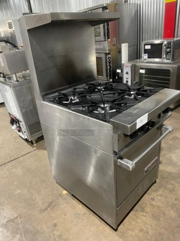 Garland Commercial Stainless Steel Natural Gas Powered 4 Burner Range/Oven Combo! With Back Splash & Overhead Salamander Shelf! With Wire Oven Rack! Model: H28 SN: 0701100159611! On Legs! - Image 2 of 10