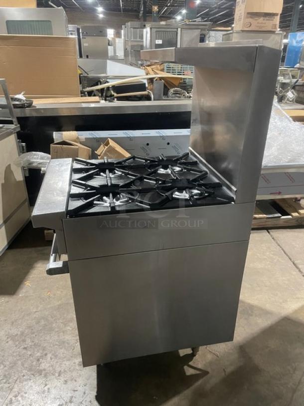 Garland Commercial Stainless Steel Natural Gas Powered 4 Burner Range/Oven Combo! With Back Splash & Overhead Salamander Shelf! With Wire Oven Rack! Model: H28 SN: 0701100159611! On Legs! - Image 3 of 10