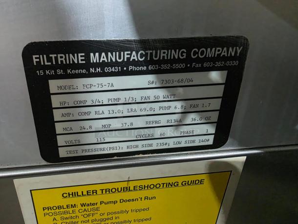 Magna Commercial Stainless Steel Electric Powered 10 Gal./50 LB. High Speed Single Arm/Roller Bar Dough Mixer! Model: 50H-4C1 SN: 40952! 230V 3 Phase! On Legs! With Filtrine Manufacturing Commercial Electric Powered Fan-Cooled Recirculating Closed Loop Chiller! Model: PCP-75-7A SN: 7303-68/04! 115V 1 Phase! All One Money! - Image 11 of 11