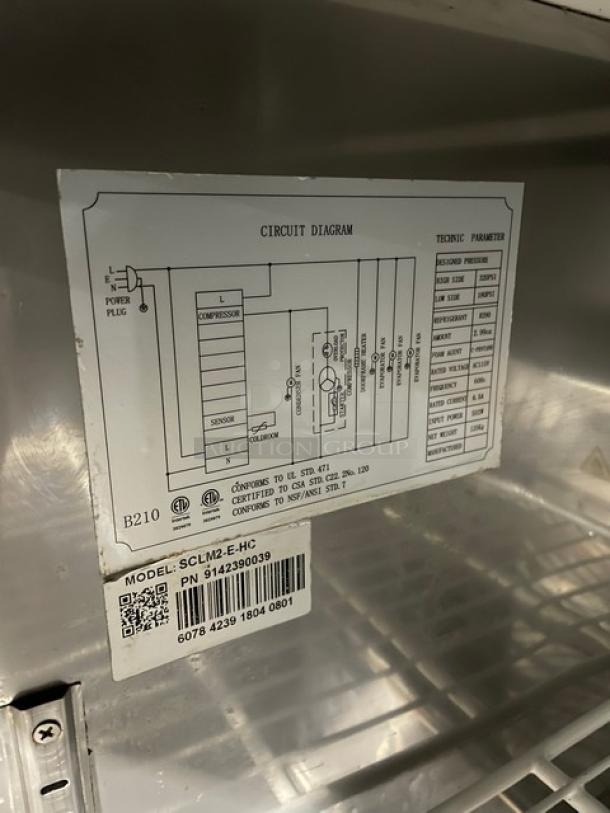 Cold Line Commercial Stainless Steel 2 Door Refrigerated Bain Marie Style Mega Top Salad/Sandwich Prep Table! With Poly Coated Wire Racks! With Removable Cutting Board! Model: SCLM2-E-HC SN: 6078423918040801! 115V! On Casters! - Image 9 of 9