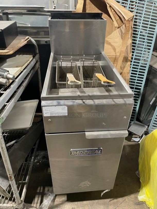 Imperial Commercial Stainless Steel Natural Gas Powered Deep Fat Fryer! With Back Splash! With Frying Baskets! On Legs! - Image 1 of 8