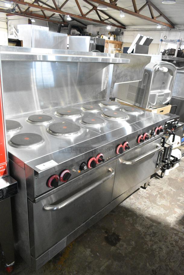 BRAND NEW SCRATCH AND DENT! Stainless Steel Commercial Electric Powered 10 Burner French Top Range w/ 2 Convection Ovens, Over Shelf and Back Splash. 3 Phase. - Image 1 of 17
