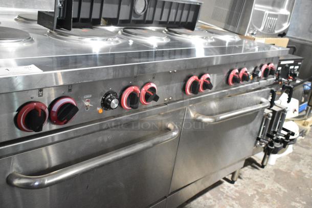 BRAND NEW SCRATCH AND DENT! Stainless Steel Commercial Electric Powered 10 Burner French Top Range w/ 2 Convection Ovens, Over Shelf and Back Splash. 3 Phase. - Image 2 of 17