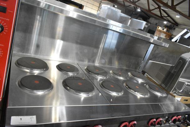 BRAND NEW SCRATCH AND DENT! Stainless Steel Commercial Electric Powered 10 Burner French Top Range w/ 2 Convection Ovens, Over Shelf and Back Splash. 3 Phase. - Image 4 of 17