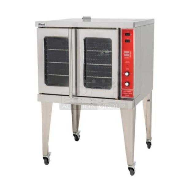 BRAND NEW SCRATCH AND DENT! Migali C-C01-SD-NG Stainless Steel Commercial Natural Gas Powered Full Size Convection Oven w/ View Through Doors, Metal Oven Racks, Thermostatic Controls and Metal Legs on Commercial Casters. - Image 1 of 8