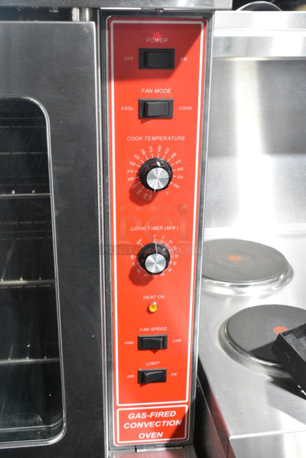 BRAND NEW SCRATCH AND DENT! Migali C-C01-SD-NG Stainless Steel Commercial Natural Gas Powered Full Size Convection Oven w/ View Through Doors, Metal Oven Racks, Thermostatic Controls and Metal Legs on Commercial Casters. - Image 5 of 8