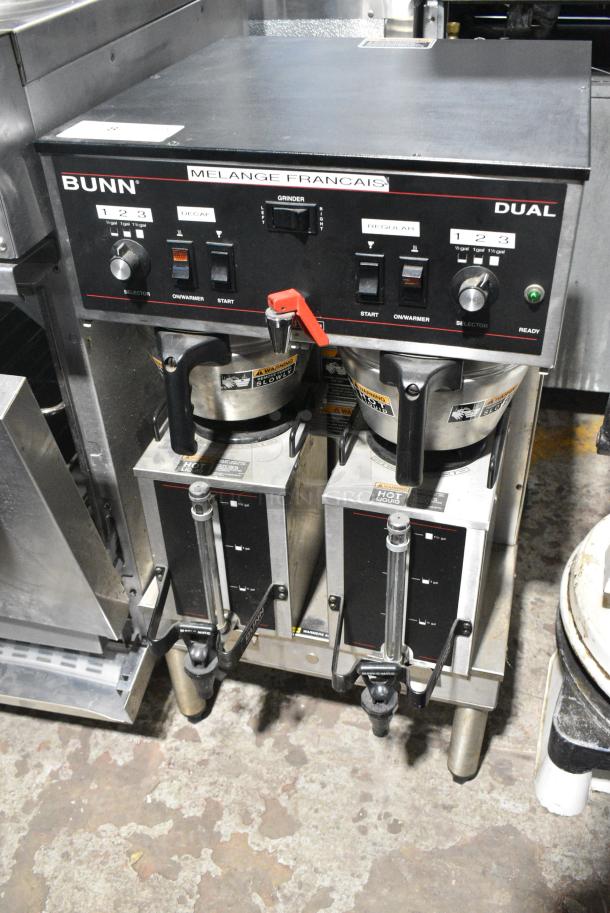Bunn DUAL Stainless Steel Commercial Countertop Double Coffee Machine w/ Hot Water Dispenser, 2 Metal Brew Baskets and 2 Server Satellites. 120/240 Volts, 1 Phase. - Image 1 of 9