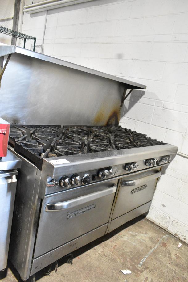 Southbend 4601AA Stainless Steel Commercial Natural Gas Powered 10 Burner Range w/ 2 Convection Ovens, Over Shelf and Back Splash on Commercial Casters. - Image 1 of 10