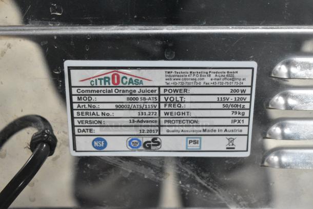 2017 Citrocasa 8000 SB-ATS Stainless Steel Commercial Floor Style Citrus Juicer. 115 Volts, 1 Phase. Tested and Working! - Image 10 of 10