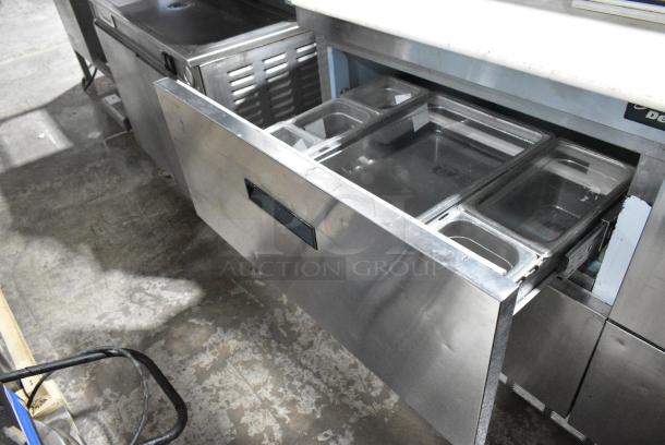 Delfield Stainless Steel Commercial Sandwich Salad Prep Table Bain Marie Mega Top w/ 4 Drawers and Over Shelf. Tested and Working! - Image 9 of 13