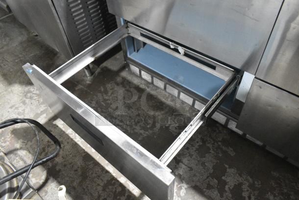Delfield Stainless Steel Commercial Sandwich Salad Prep Table Bain Marie Mega Top w/ 4 Drawers and Over Shelf. Tested and Working! - Image 10 of 13