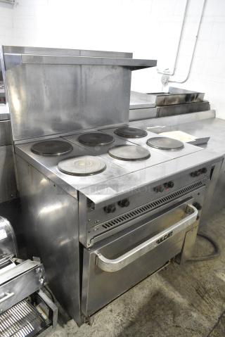Vulcan Stainless Steel Commercial  Electric Powered 6 Burner Hot Plate Range w/ Oven, Over Shelf and Under Shelf. 240 Volts, 3 Phase.