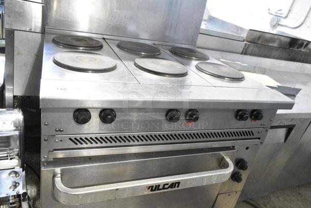 Vulcan Stainless Steel Commercial  Electric Powered 6 Burner Hot Plate Range w/ Oven, Over Shelf and Under Shelf. 240 Volts, 3 Phase. - Image 3 of 8