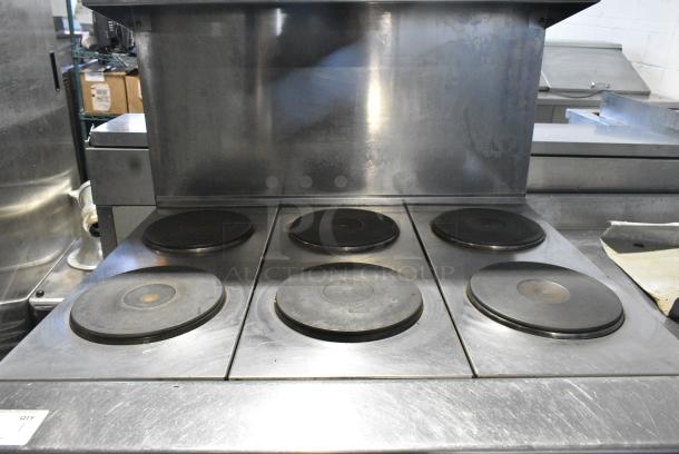 Vulcan Stainless Steel Commercial  Electric Powered 6 Burner Hot Plate Range w/ Oven, Over Shelf and Under Shelf. 240 Volts, 3 Phase. - Image 4 of 8