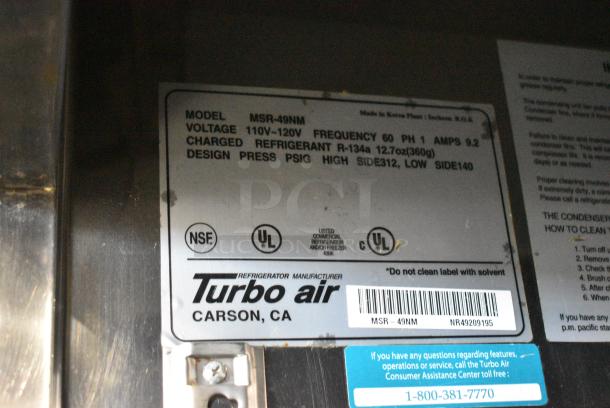 Turbo Air MSR-49NM Stainless Steel Commercial 2 Door Reach In Cooler on Commercial Casters. 115 Volts, 1 Phase. Tested and Working! - Image 7 of 7