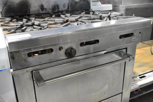 Stainless Steel Commercial Natural Gas Powered 6 Burner Range w/ Oven, Over Shelf and Back Splash. - Image 2 of 5