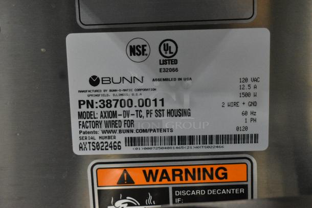 2020 Bunn AXIOM-DV-TC Stainless Steel Commercial Countertop Coffee Machine w/ Hot Water Dispenser, 2 Metal Coffee Pots and Poly Brew Basket. 120 Volts, 1 Phase. - Image 7 of 7