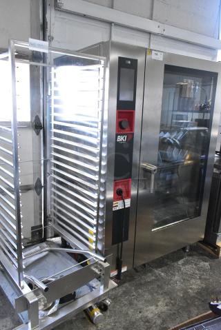 BRAND NEW SCRATCH AND DENT! BKI AETG202R Stainless Steel Commercial Gas Powered Roll In Rack Combi Convection Oven w/ Metal Pan Rack.