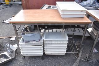 Wooden Table w/ 2 Wire Under Shelves and Contents Including Dough Bins.
