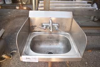 Stainless Steel Single Bay Wall Mount Sink w/ Side Splash Guards, Faucet and Handles.